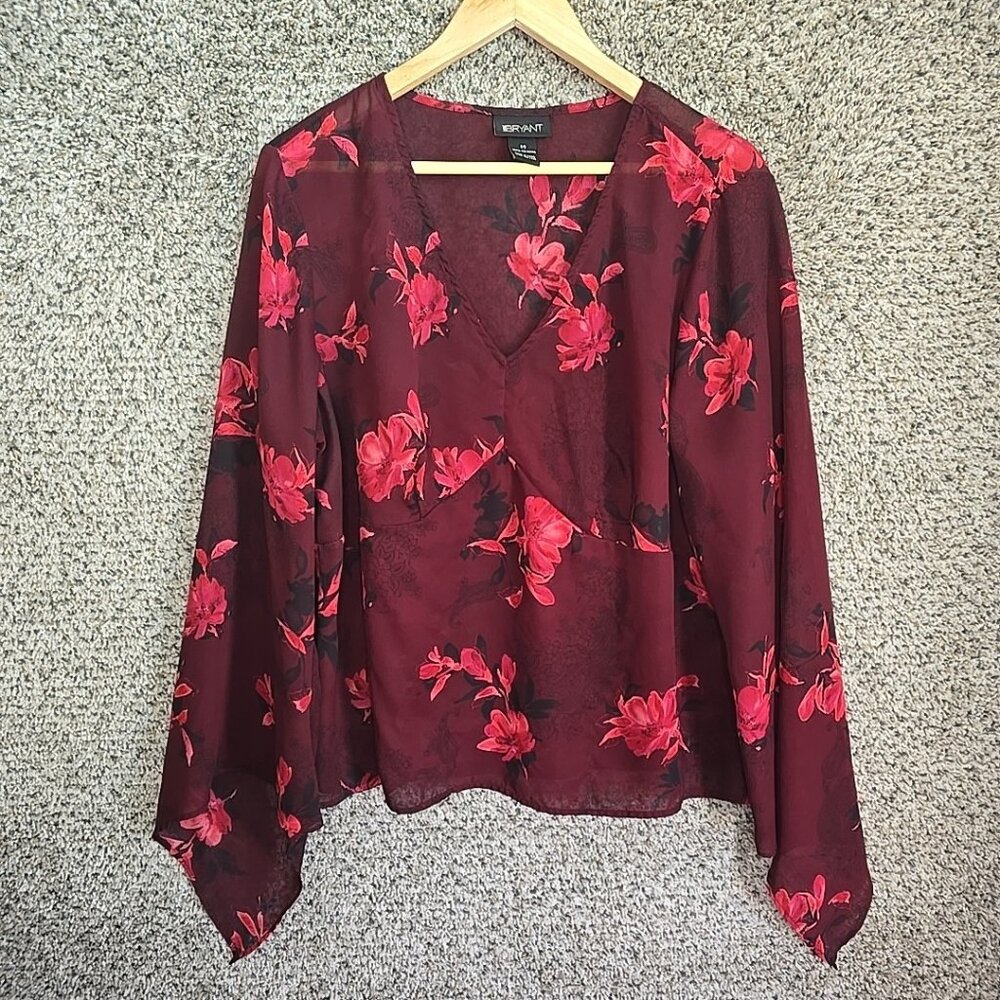 Lane Bryant Top Womens Plus‎ 20 Burgundy Floral Print Sheer Blouse V Neck Ladies